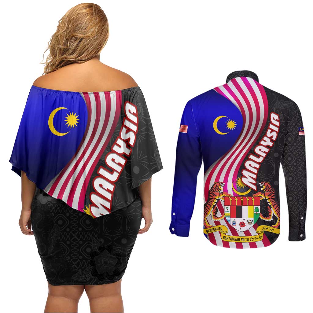 Malaysia Coat of Arms Couples Matching Off Shoulder Short Dress and Long Sleeve Button Shirt with National Flag and Black Batik Pattern