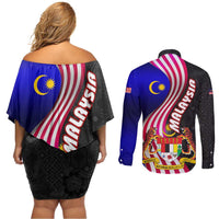 Malaysia Coat of Arms Couples Matching Off Shoulder Short Dress and Long Sleeve Button Shirt with National Flag and Black Batik Pattern