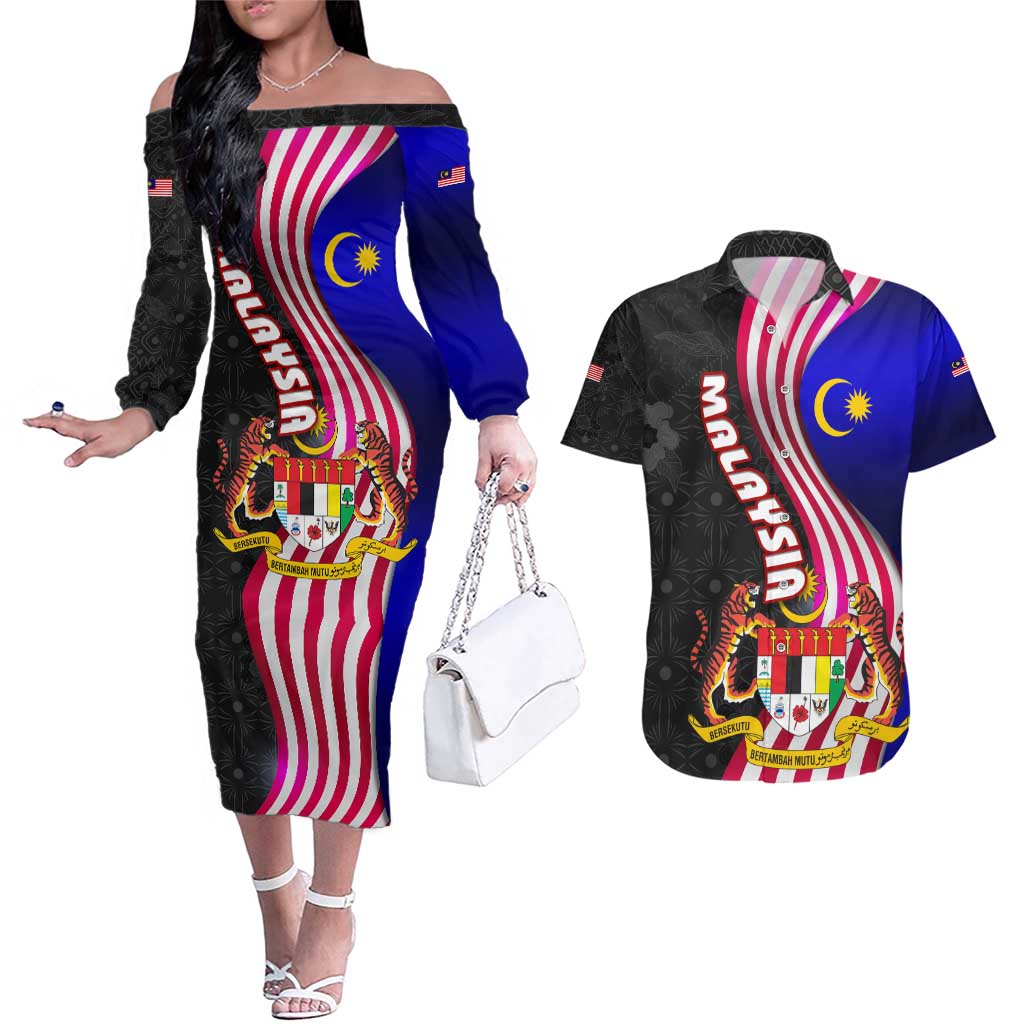 Malaysia Coat of Arms Couples Matching Off The Shoulder Long Sleeve Dress and Hawaiian Shirt with National Flag and Black Batik Pattern