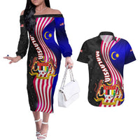 Malaysia Coat of Arms Couples Matching Off The Shoulder Long Sleeve Dress and Hawaiian Shirt with National Flag and Black Batik Pattern