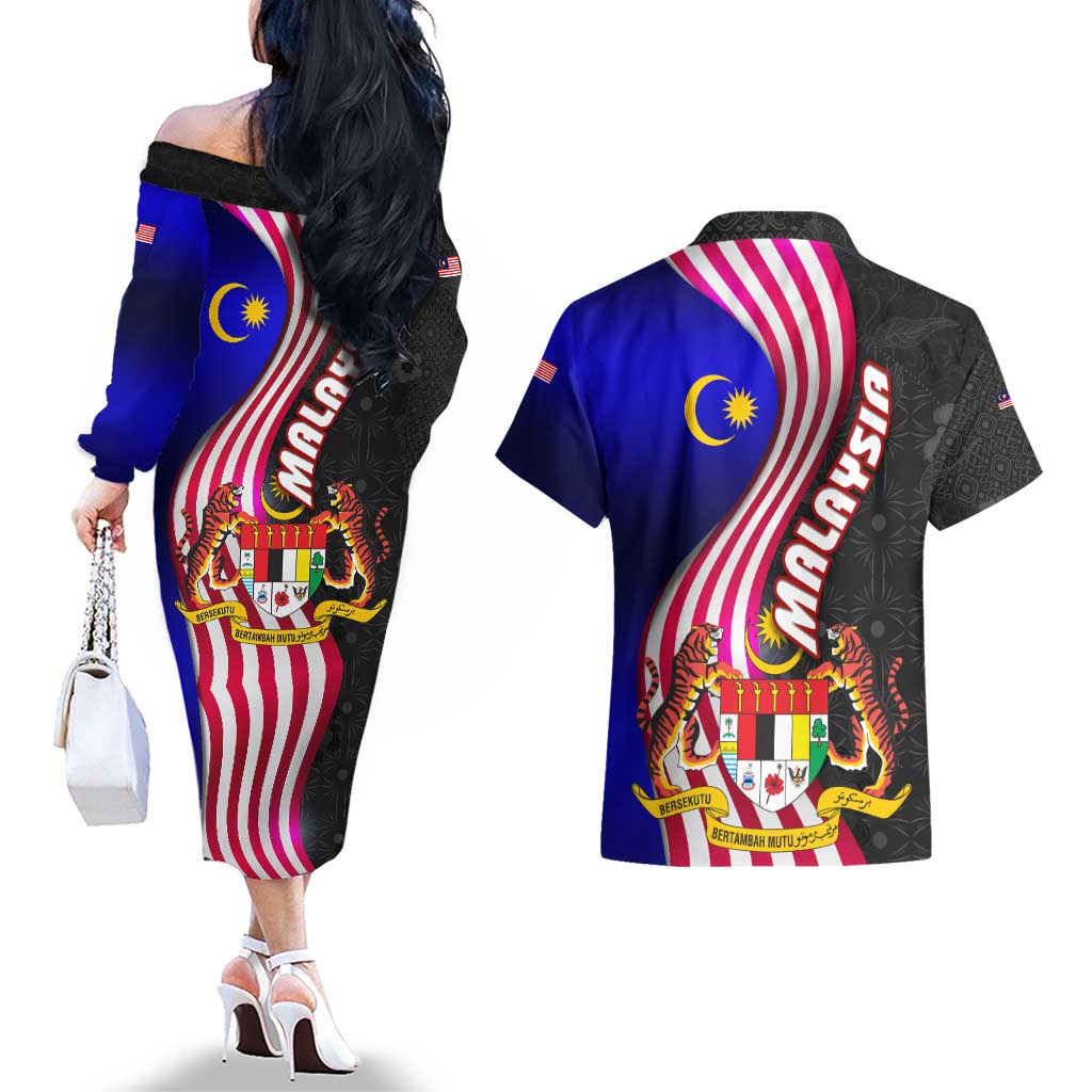Malaysia Coat of Arms Couples Matching Off The Shoulder Long Sleeve Dress and Hawaiian Shirt with National Flag and Black Batik Pattern