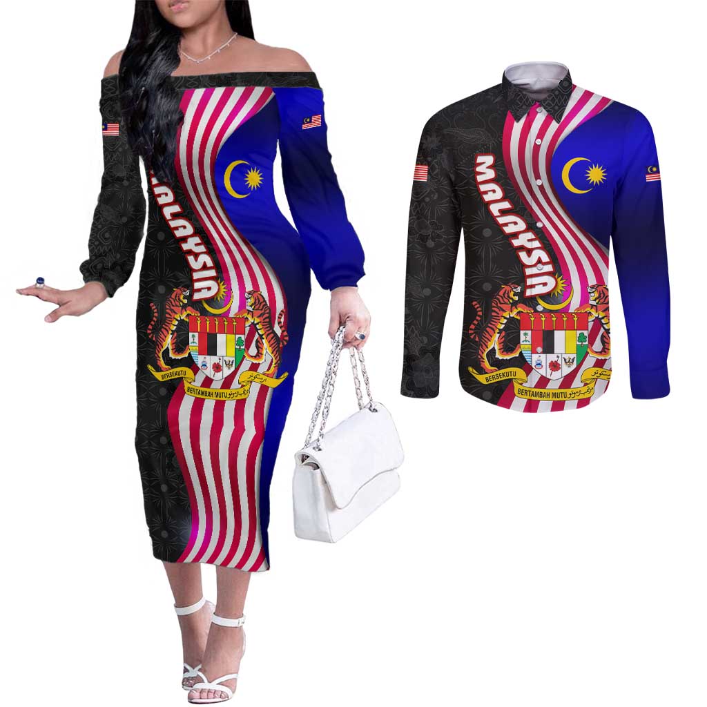 Malaysia Coat of Arms Couples Matching Off The Shoulder Long Sleeve Dress and Long Sleeve Button Shirt with National Flag and Black Batik Pattern