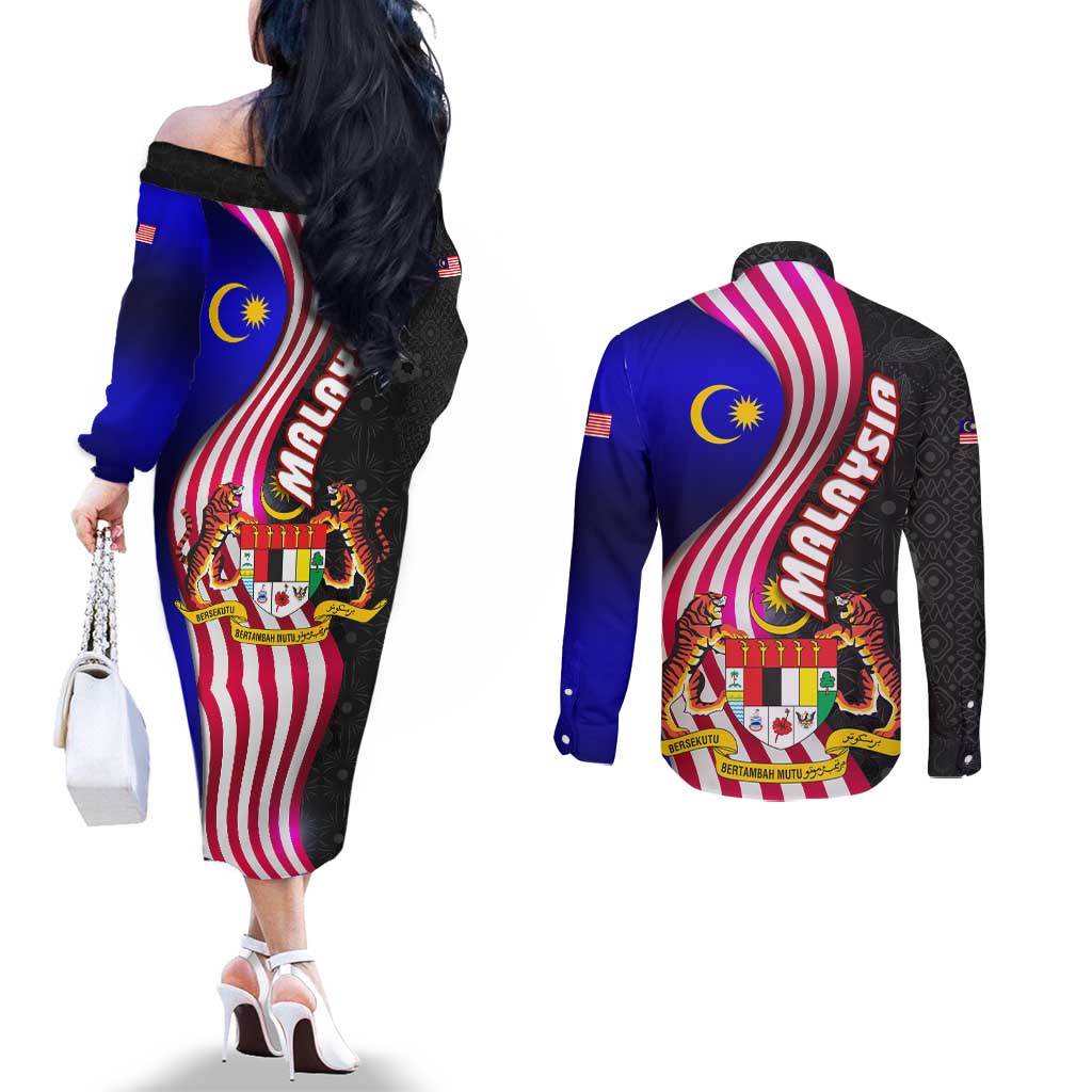 Malaysia Coat of Arms Couples Matching Off The Shoulder Long Sleeve Dress and Long Sleeve Button Shirt with National Flag and Black Batik Pattern