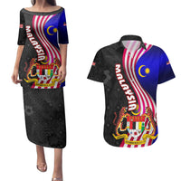 Malaysia Coat of Arms Couples Matching Puletasi and Hawaiian Shirt with National Flag and Black Batik Pattern