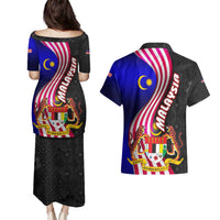 Malaysia Coat of Arms Couples Matching Puletasi and Hawaiian Shirt with National Flag and Black Batik Pattern