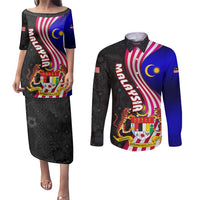 Malaysia Coat of Arms Couples Matching Puletasi and Long Sleeve Button Shirt with National Flag and Black Batik Pattern