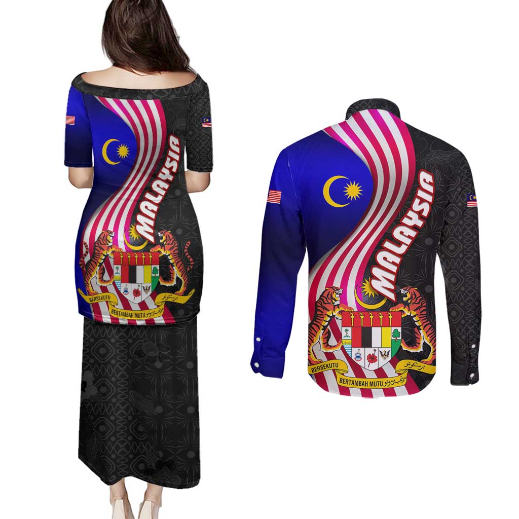 Malaysia Coat of Arms Couples Matching Puletasi and Long Sleeve Button Shirt with National Flag and Black Batik Pattern