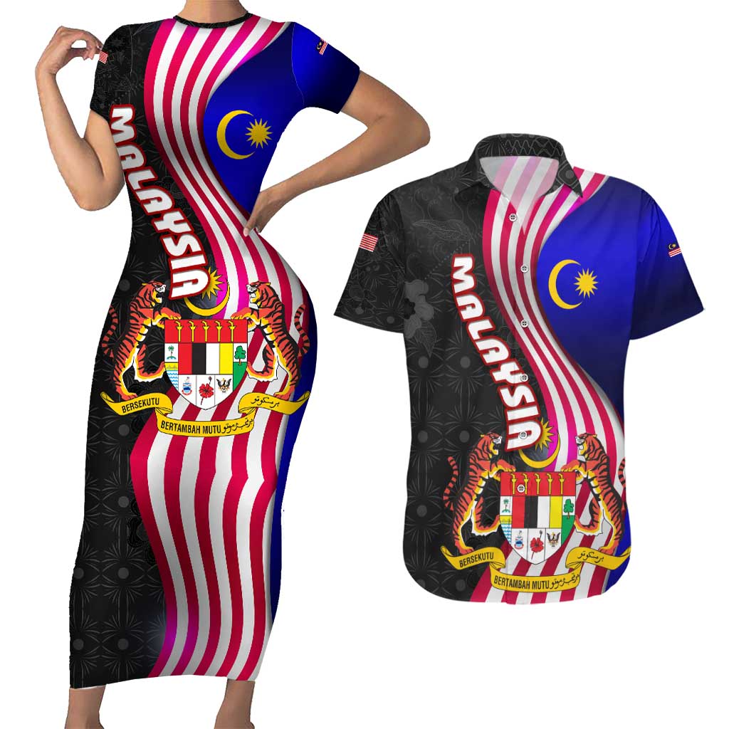 Malaysia Coat of Arms Couples Matching Short Sleeve Bodycon Dress and Hawaiian Shirt with National Flag and Black Batik Pattern