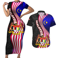 Malaysia Coat of Arms Couples Matching Short Sleeve Bodycon Dress and Hawaiian Shirt with National Flag and Black Batik Pattern