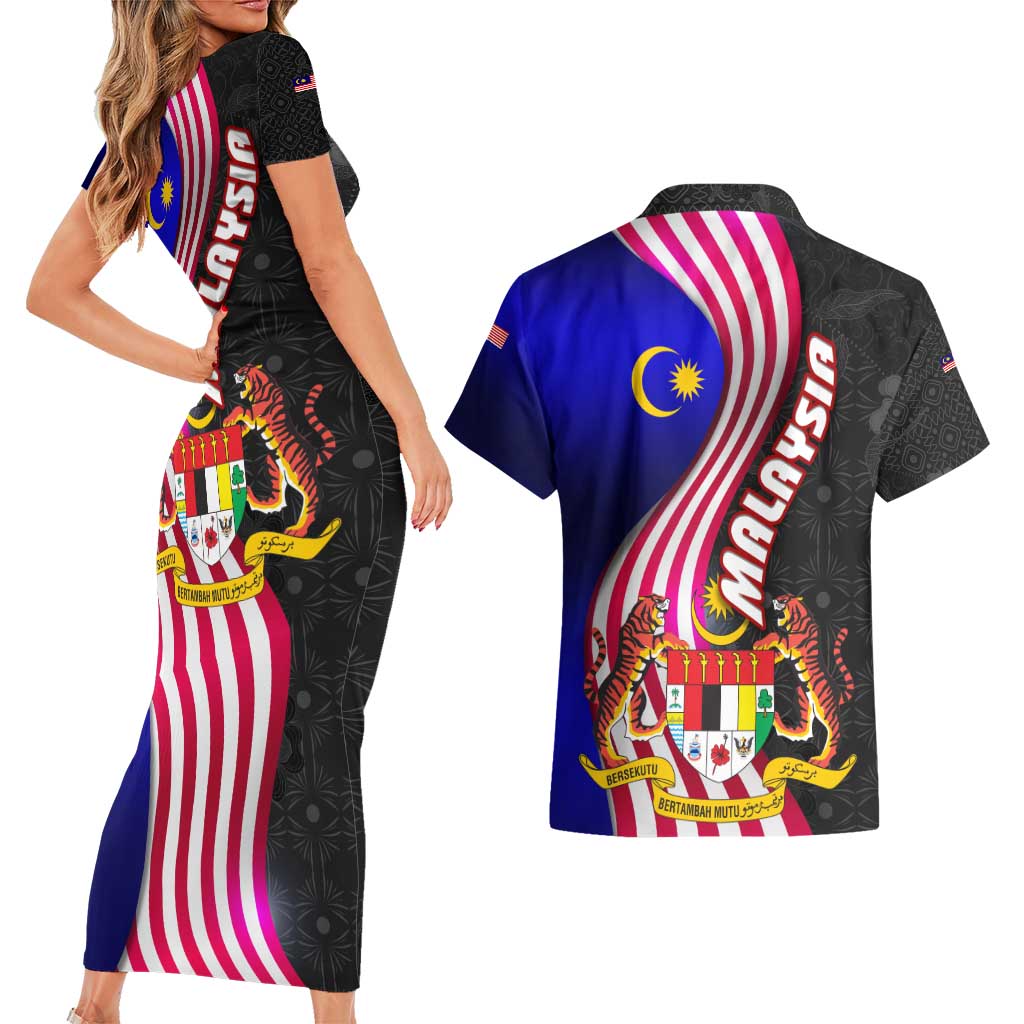 Malaysia Coat of Arms Couples Matching Short Sleeve Bodycon Dress and Hawaiian Shirt with National Flag and Black Batik Pattern