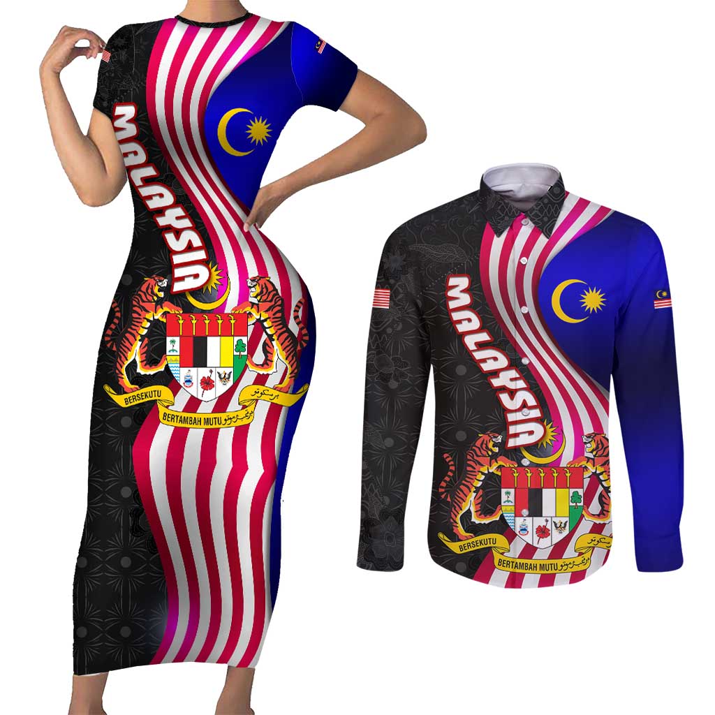 Malaysia Coat of Arms Couples Matching Short Sleeve Bodycon Dress and Long Sleeve Button Shirt with National Flag and Black Batik Pattern
