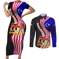 Malaysia Coat of Arms Couples Matching Short Sleeve Bodycon Dress and Long Sleeve Button Shirt with National Flag and Black Batik Pattern