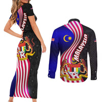 Malaysia Coat of Arms Couples Matching Short Sleeve Bodycon Dress and Long Sleeve Button Shirt with National Flag and Black Batik Pattern