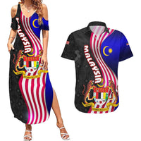 Malaysia Coat of Arms Couples Matching Summer Maxi Dress and Hawaiian Shirt with National Flag and Black Batik Pattern