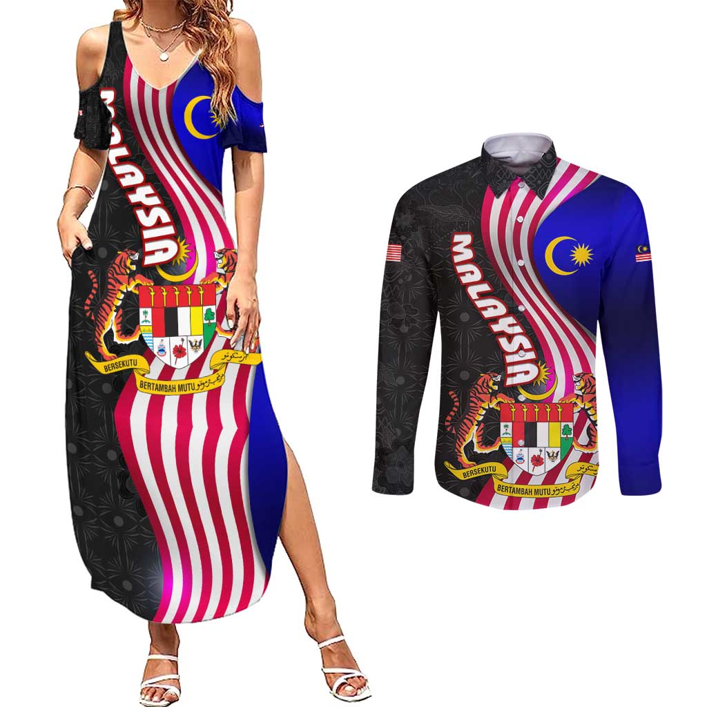 Malaysia Coat of Arms Couples Matching Summer Maxi Dress and Long Sleeve Button Shirt with National Flag and Black Batik Pattern