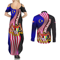 Malaysia Coat of Arms Couples Matching Summer Maxi Dress and Long Sleeve Button Shirt with National Flag and Black Batik Pattern