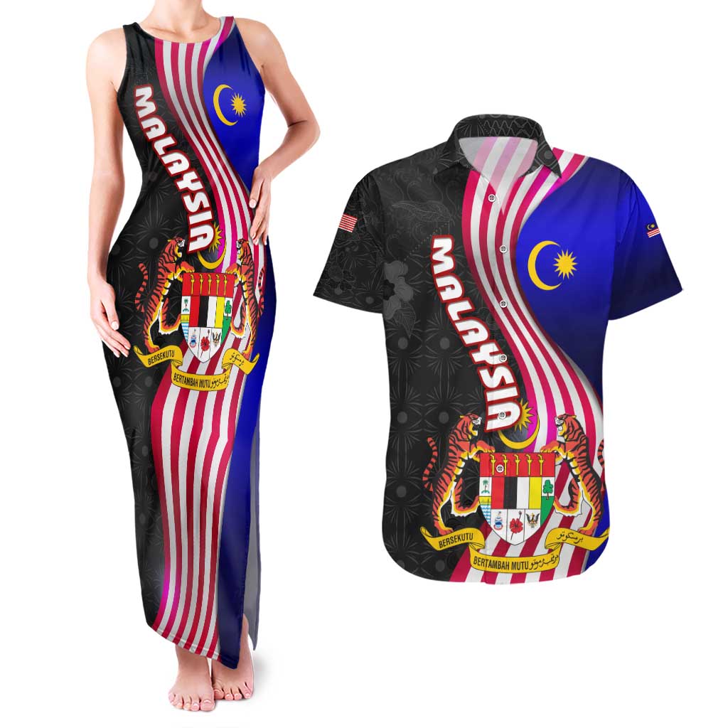 Malaysia Coat of Arms Couples Matching Tank Maxi Dress and Hawaiian Shirt with National Flag and Black Batik Pattern