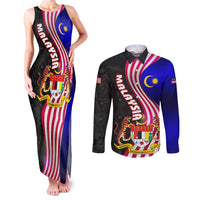 Malaysia Coat of Arms Couples Matching Tank Maxi Dress and Long Sleeve Button Shirt with National Flag and Black Batik Pattern