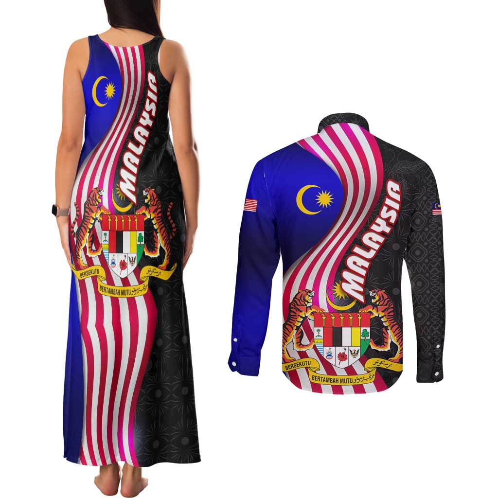Malaysia Coat of Arms Couples Matching Tank Maxi Dress and Long Sleeve Button Shirt with National Flag and Black Batik Pattern