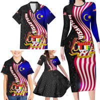 Malaysia Coat of Arms Family Matching Long Sleeve Bodycon Dress and Hawaiian Shirt with National Flag and Black Batik Pattern
