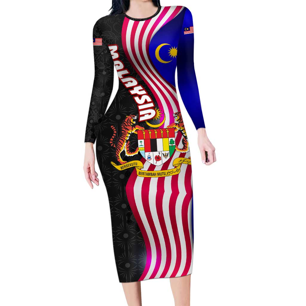 Malaysia Coat of Arms Family Matching Long Sleeve Bodycon Dress and Hawaiian Shirt with National Flag and Black Batik Pattern