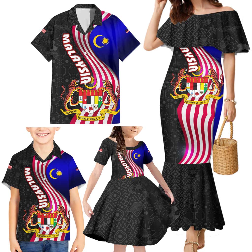 Malaysia Coat of Arms Family Matching Mermaid Dress and Hawaiian Shirt with National Flag and Black Batik Pattern