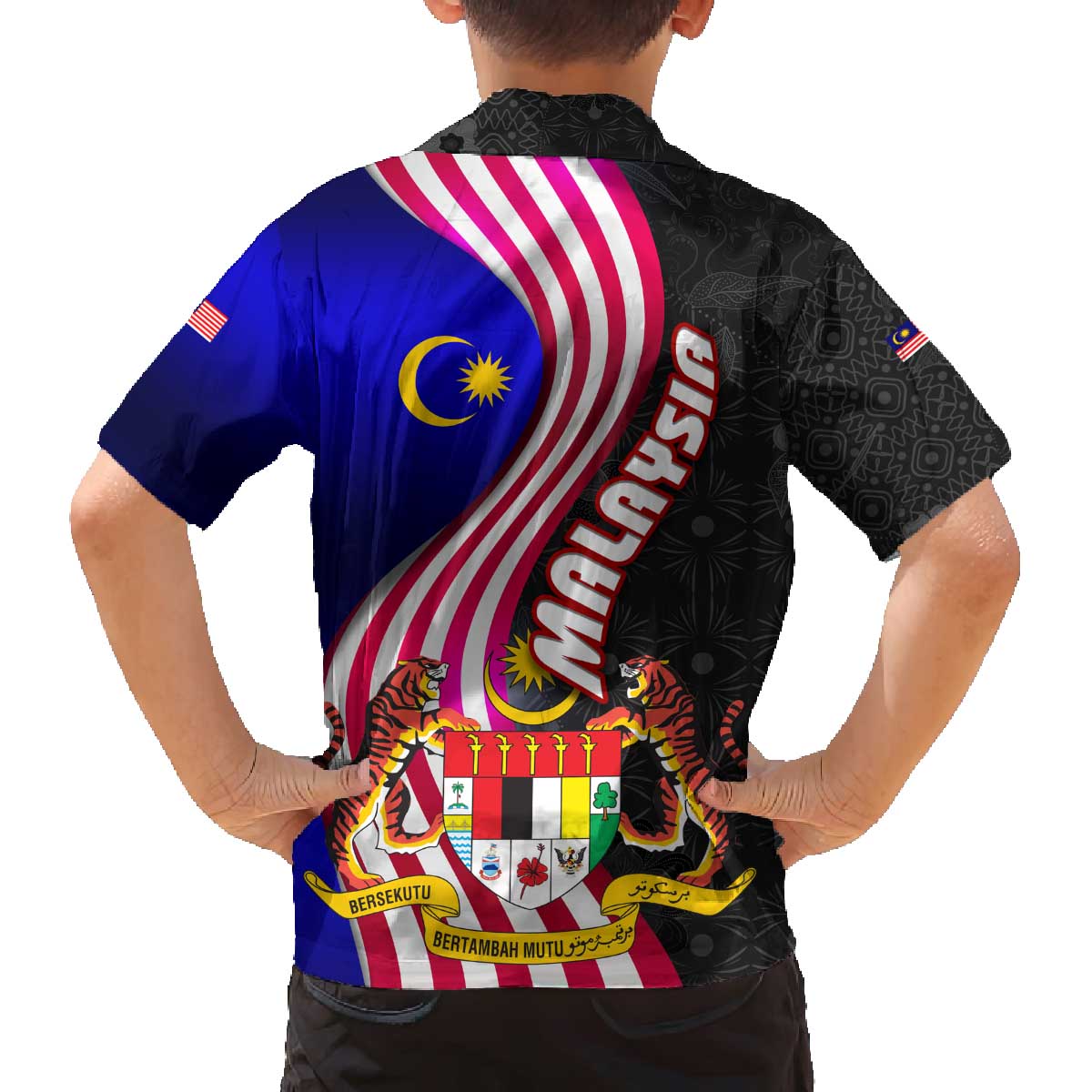 Malaysia Coat of Arms Family Matching Off The Shoulder Long Sleeve Dress and Hawaiian Shirt with National Flag and Black Batik Pattern