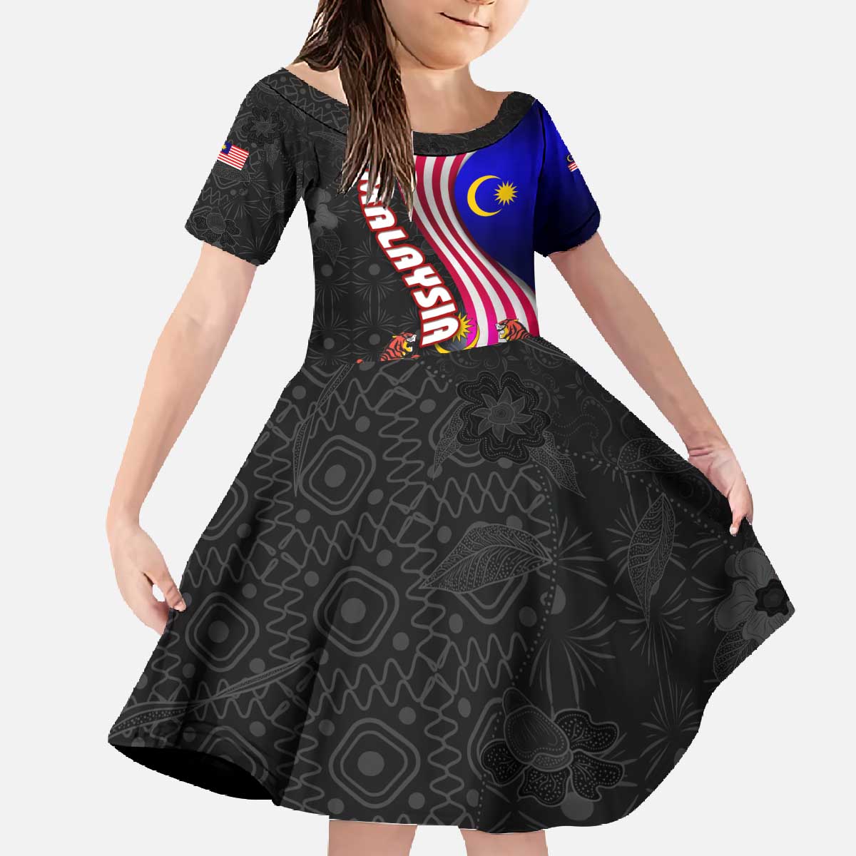 Malaysia Coat of Arms Family Matching Off The Shoulder Long Sleeve Dress and Hawaiian Shirt with National Flag and Black Batik Pattern