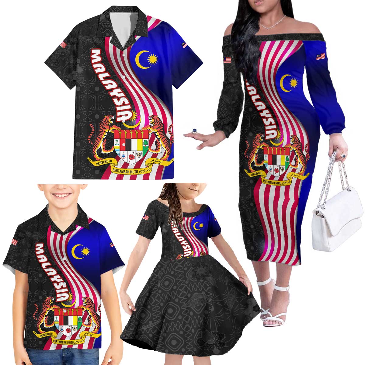 Malaysia Coat of Arms Family Matching Off The Shoulder Long Sleeve Dress and Hawaiian Shirt with National Flag and Black Batik Pattern