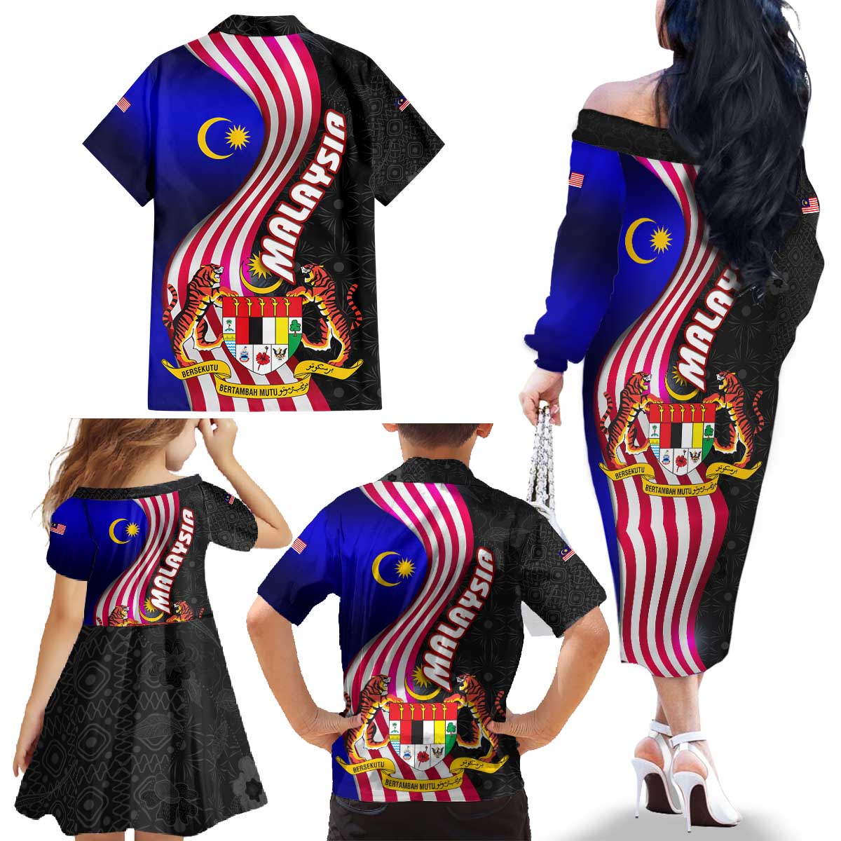 Malaysia Coat of Arms Family Matching Off The Shoulder Long Sleeve Dress and Hawaiian Shirt with National Flag and Black Batik Pattern