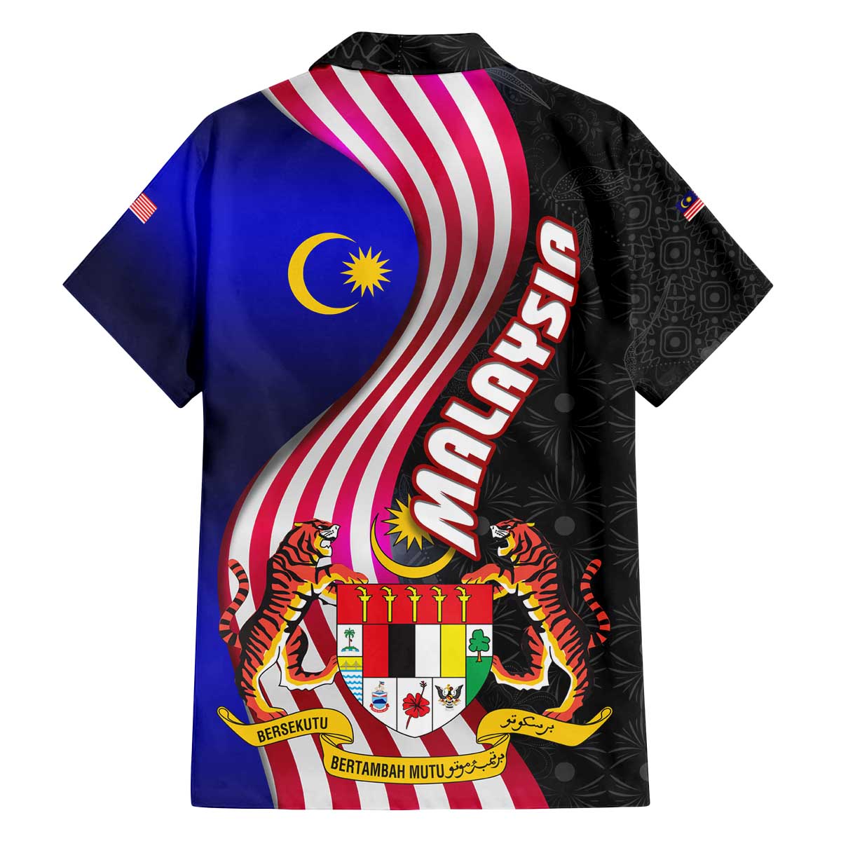 Malaysia Coat of Arms Family Matching Off The Shoulder Long Sleeve Dress and Hawaiian Shirt with National Flag and Black Batik Pattern
