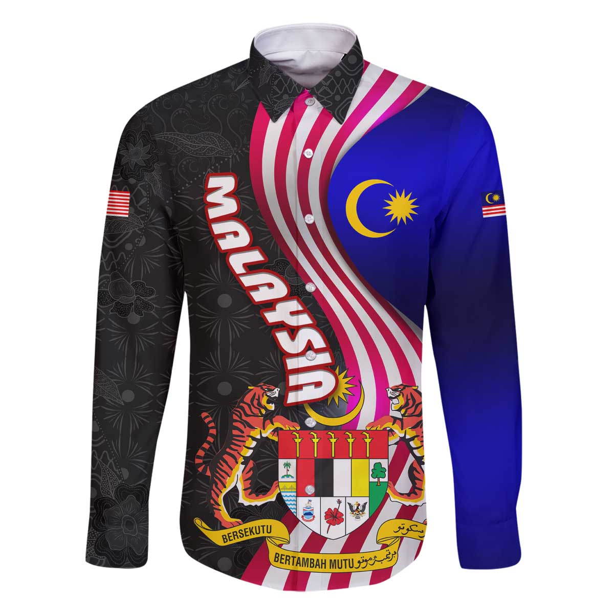 Malaysia Coat of Arms Family Matching Off The Shoulder Long Sleeve Dress and Hawaiian Shirt with National Flag and Black Batik Pattern