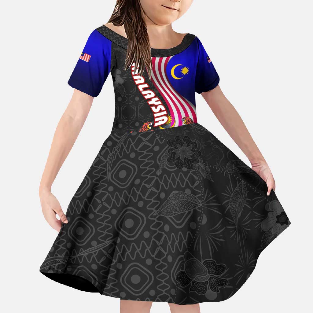 Malaysia Coat of Arms Family Matching Off Shoulder Maxi Dress and Hawaiian Shirt with National Flag and Black Batik Pattern