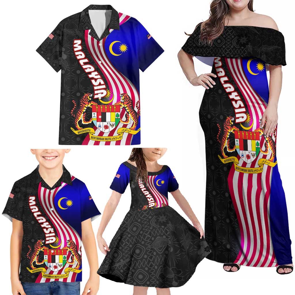 Malaysia Coat of Arms Family Matching Off Shoulder Maxi Dress and Hawaiian Shirt with National Flag and Black Batik Pattern
