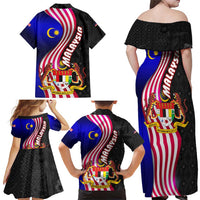 Malaysia Coat of Arms Family Matching Off Shoulder Maxi Dress and Hawaiian Shirt with National Flag and Black Batik Pattern