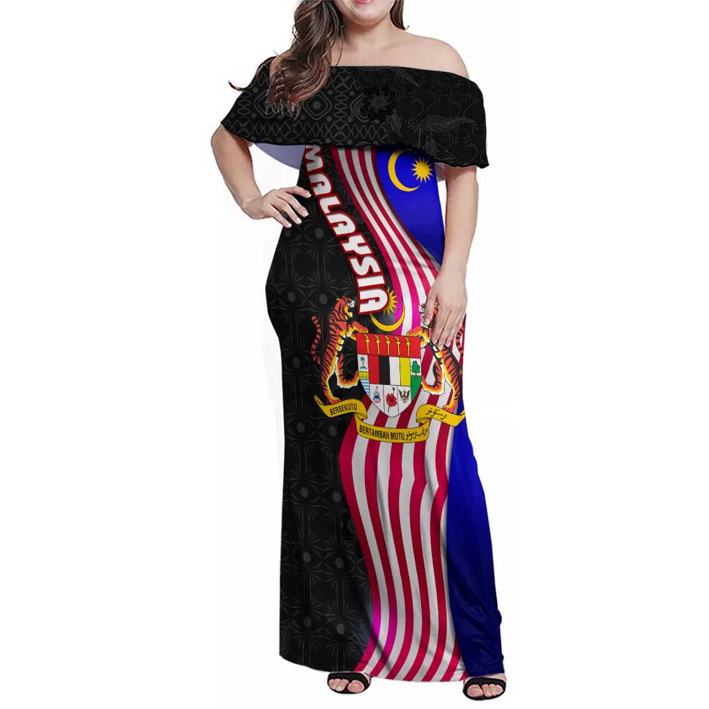 Malaysia Coat of Arms Family Matching Off Shoulder Maxi Dress and Hawaiian Shirt with National Flag and Black Batik Pattern