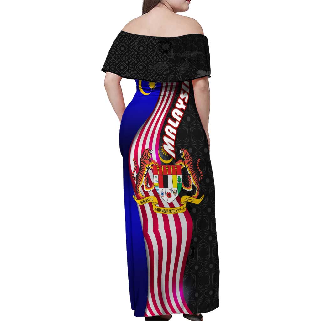 Malaysia Coat of Arms Family Matching Off Shoulder Maxi Dress and Hawaiian Shirt with National Flag and Black Batik Pattern