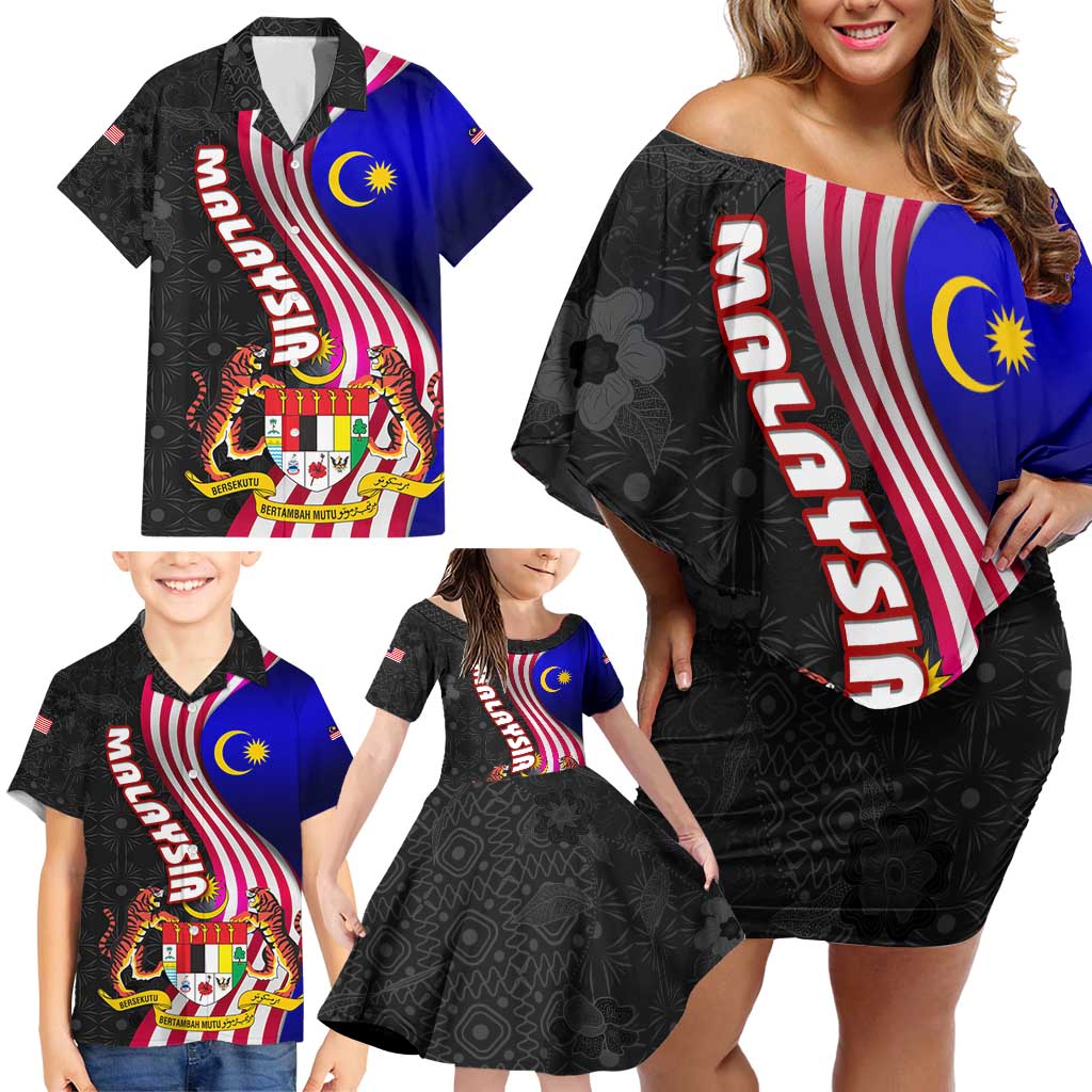 Malaysia Coat of Arms Family Matching Off Shoulder Short Dress and Hawaiian Shirt with National Flag and Black Batik Pattern