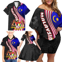 Malaysia Coat of Arms Family Matching Off Shoulder Short Dress and Hawaiian Shirt with National Flag and Black Batik Pattern