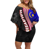 Malaysia Coat of Arms Family Matching Off Shoulder Short Dress and Hawaiian Shirt with National Flag and Black Batik Pattern