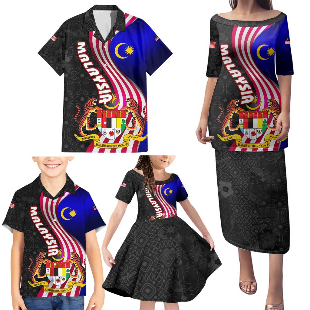 Malaysia Coat of Arms Family Matching Puletasi and Hawaiian Shirt with National Flag and Black Batik Pattern