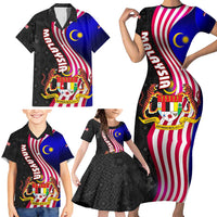 Malaysia Coat of Arms Family Matching Short Sleeve Bodycon Dress and Hawaiian Shirt with National Flag and Black Batik Pattern