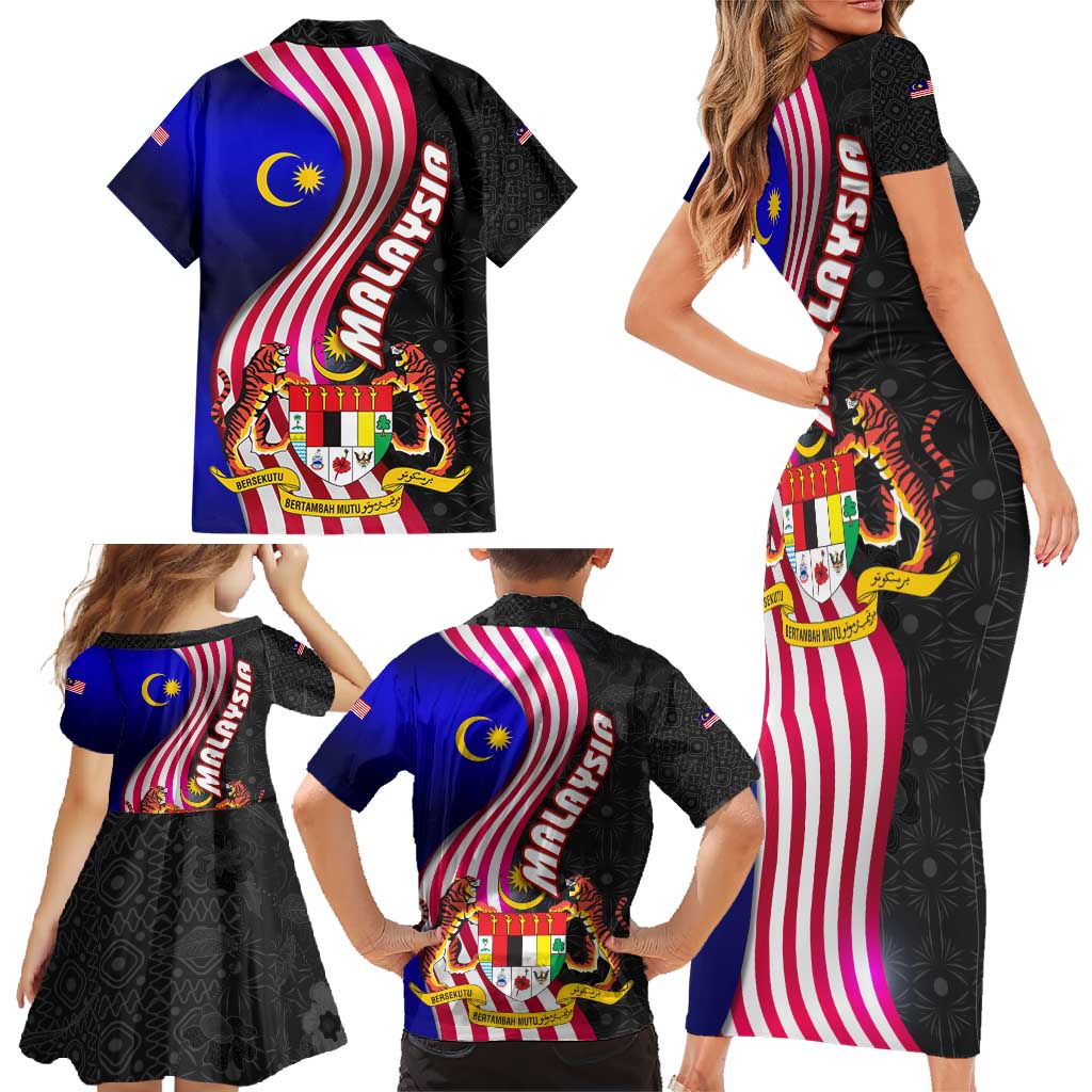 Malaysia Coat of Arms Family Matching Short Sleeve Bodycon Dress and Hawaiian Shirt with National Flag and Black Batik Pattern