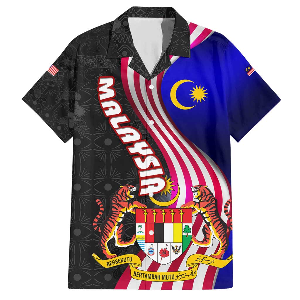 Malaysia Coat of Arms Family Matching Short Sleeve Bodycon Dress and Hawaiian Shirt with National Flag and Black Batik Pattern