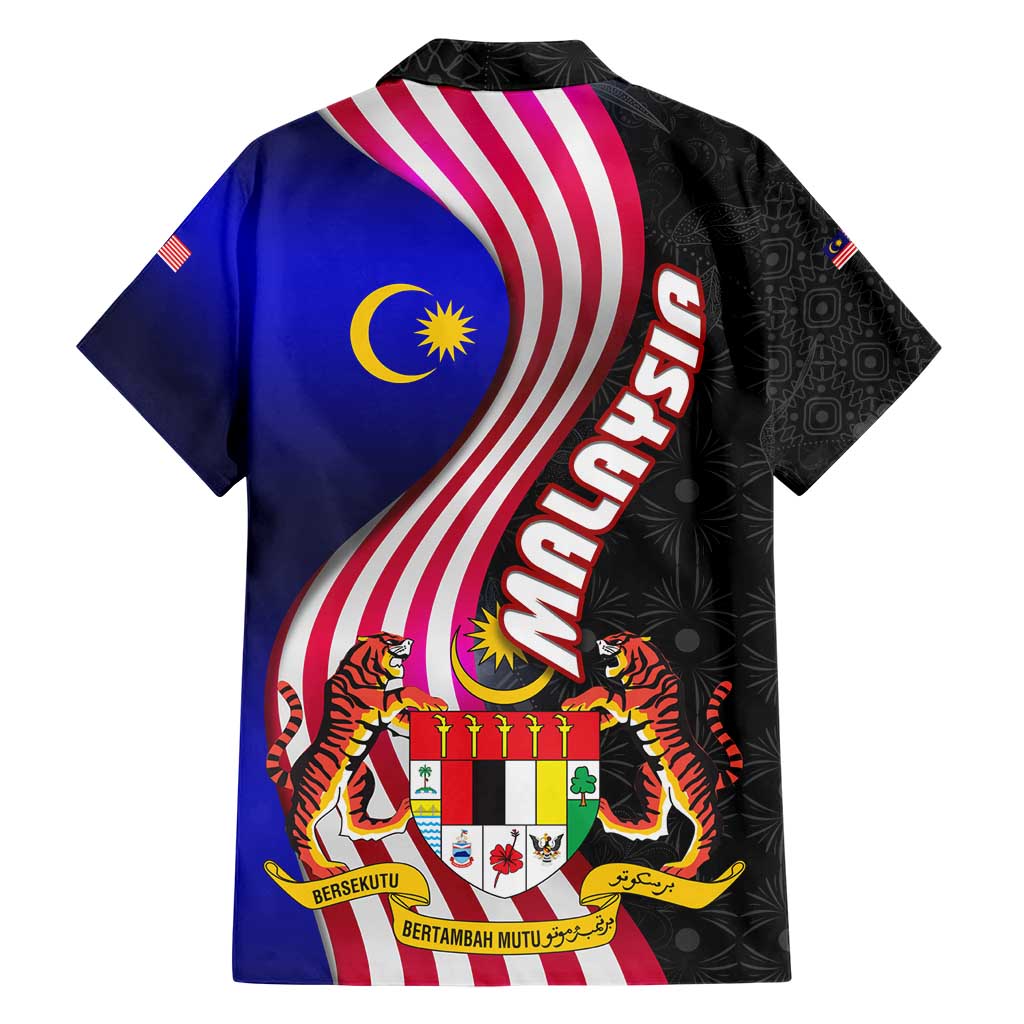 Malaysia Coat of Arms Family Matching Short Sleeve Bodycon Dress and Hawaiian Shirt with National Flag and Black Batik Pattern