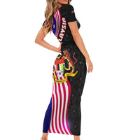 Malaysia Coat of Arms Family Matching Short Sleeve Bodycon Dress and Hawaiian Shirt with National Flag and Black Batik Pattern