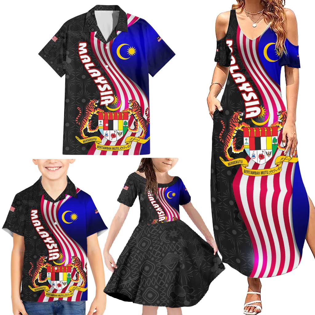 Malaysia Coat of Arms Family Matching Summer Maxi Dress and Hawaiian Shirt with National Flag and Black Batik Pattern