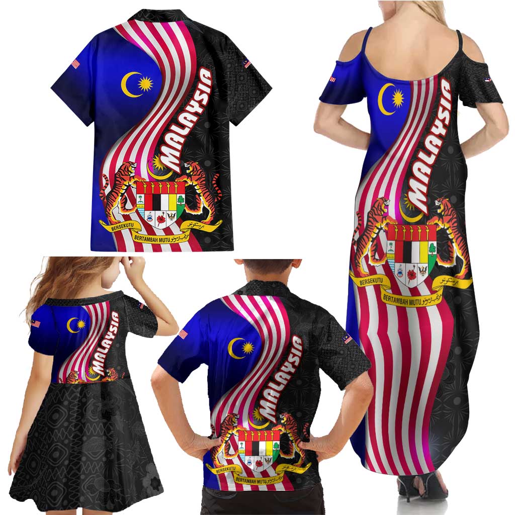 Malaysia Coat of Arms Family Matching Summer Maxi Dress and Hawaiian Shirt with National Flag and Black Batik Pattern
