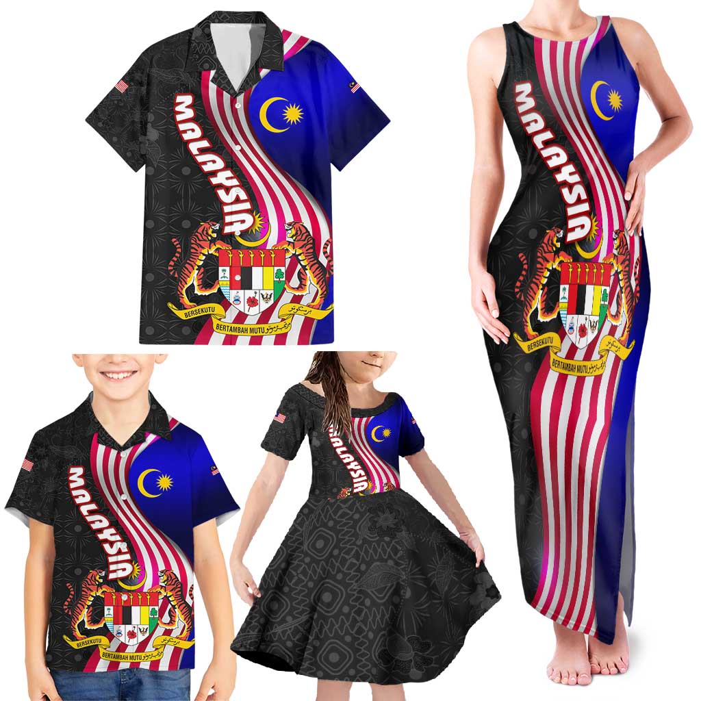 Malaysia Coat of Arms Family Matching Tank Maxi Dress and Hawaiian Shirt with National Flag and Black Batik Pattern