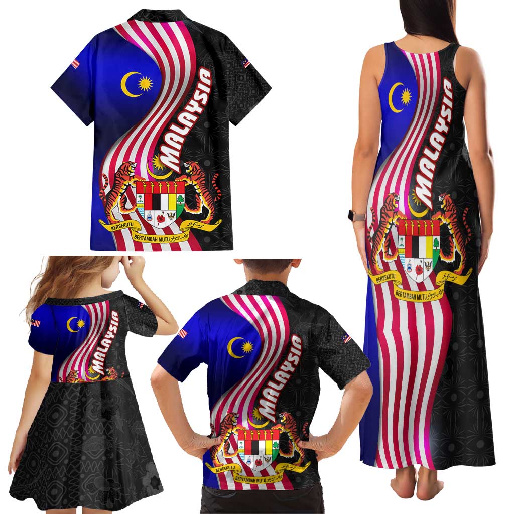 Malaysia Coat of Arms Family Matching Tank Maxi Dress and Hawaiian Shirt with National Flag and Black Batik Pattern